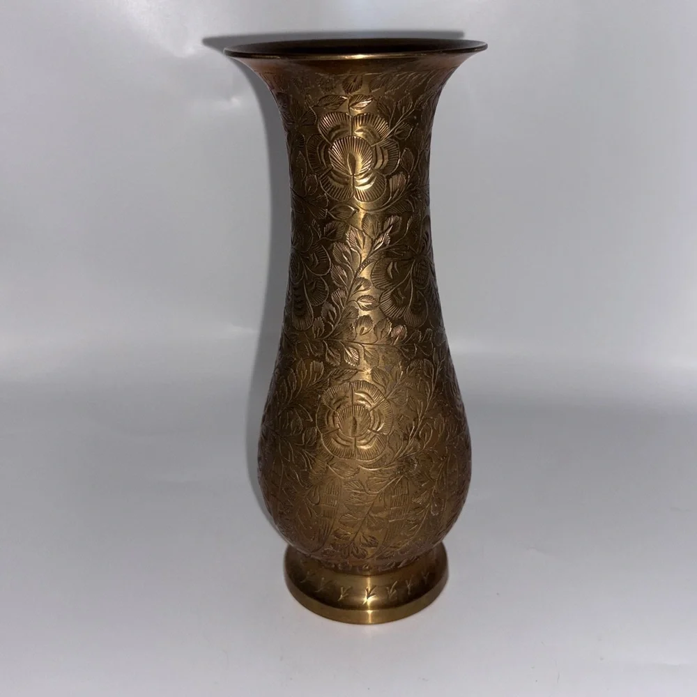 Vintage Brass Floral Engraved Vase - Antique Brass Finish